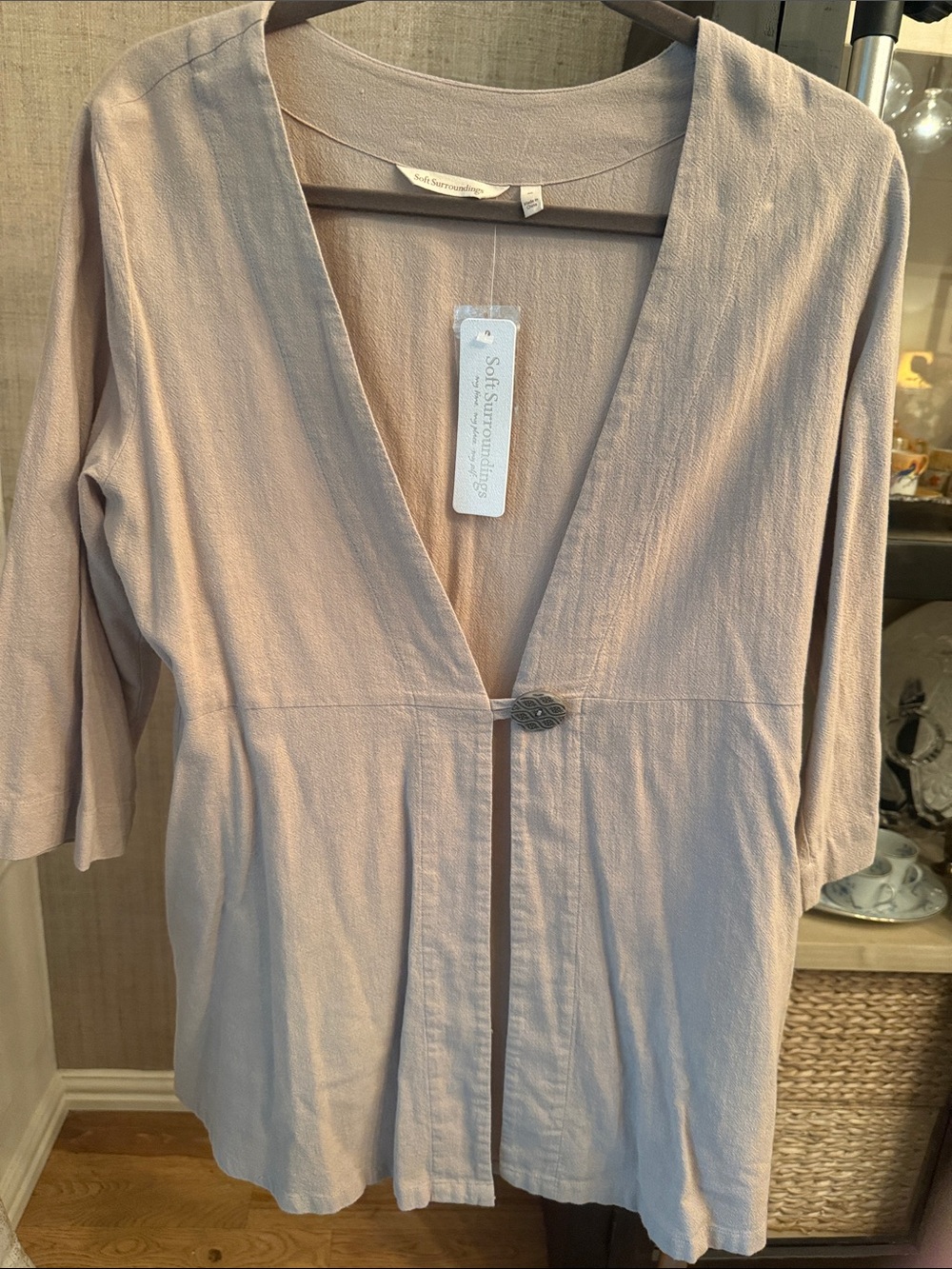 Soft Surroundings muted taupe open-front lounge tunic